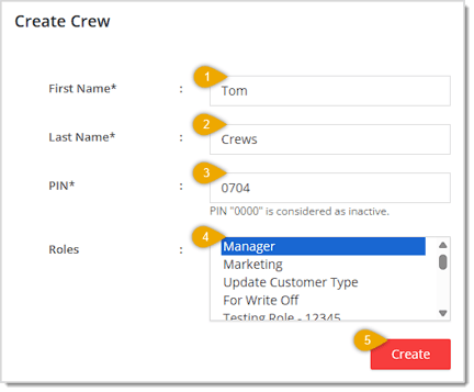 Image showing the Create Crew page in the eTailPet system with major functions highlighted.