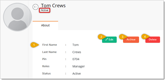 Image showing the Crew Detail page in the eTailPet system with major functions highlighted.