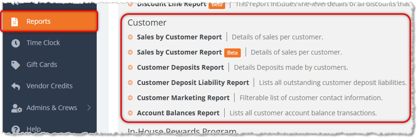 Image showing the Customers section of the Reports page of the eTailPet system.