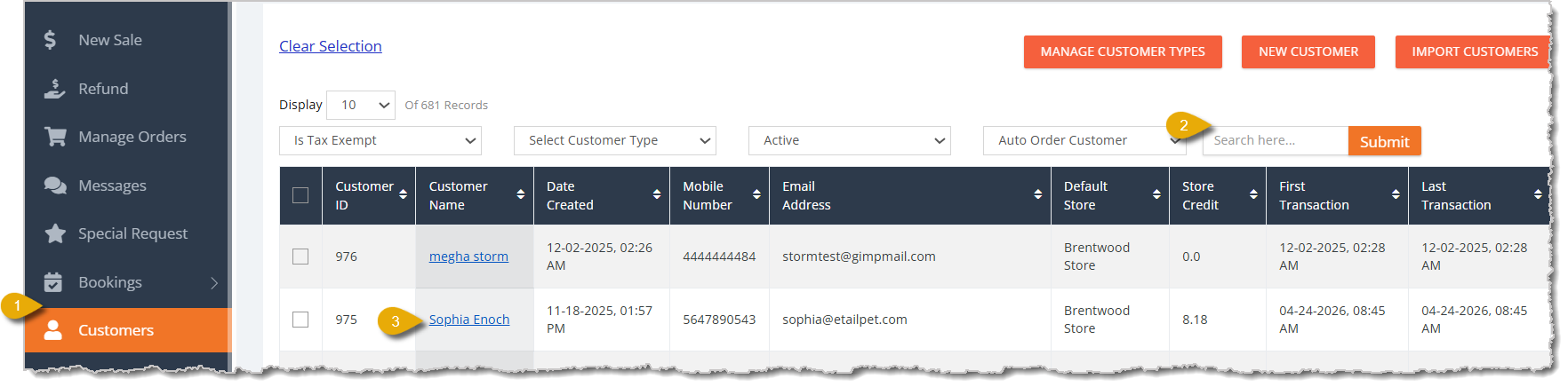 Image showing steps to reach the Customers area and open a customer's profile in the eTailPet Dashboard.