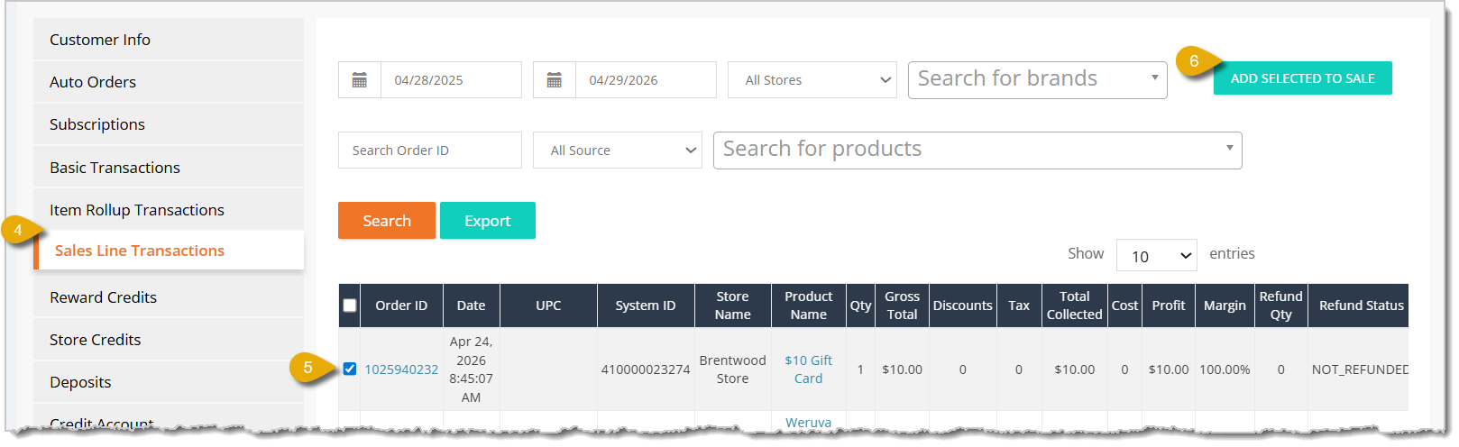 Image of the Sales Line Transactions page in the Customers area of the eTailPet Dashboard.