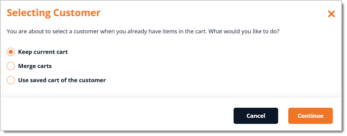 Image of a window in the eTailPet Register asking if you want to Keep current cart, Merge carts, or Use saved cart of the customer.