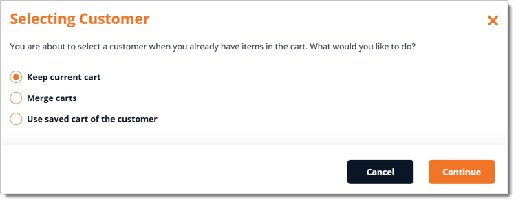 Image of a window in the eTailPet Register asking if you want to Keep current cart, Merge carts, or Use saved cart of the customer.