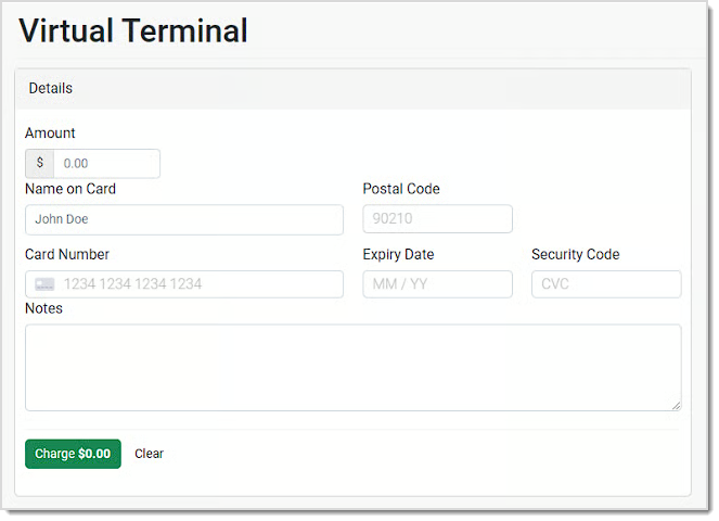 Image showing the eTailPet Payments Virtual Terminal page.