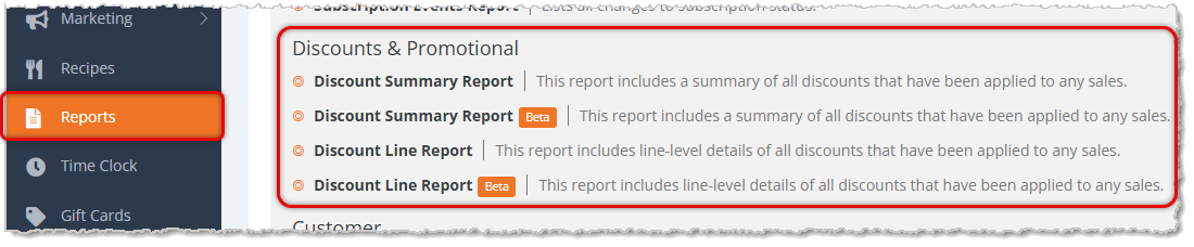 Image showing the Discounts & Promotional section of the Reports page of the eTailPet system.