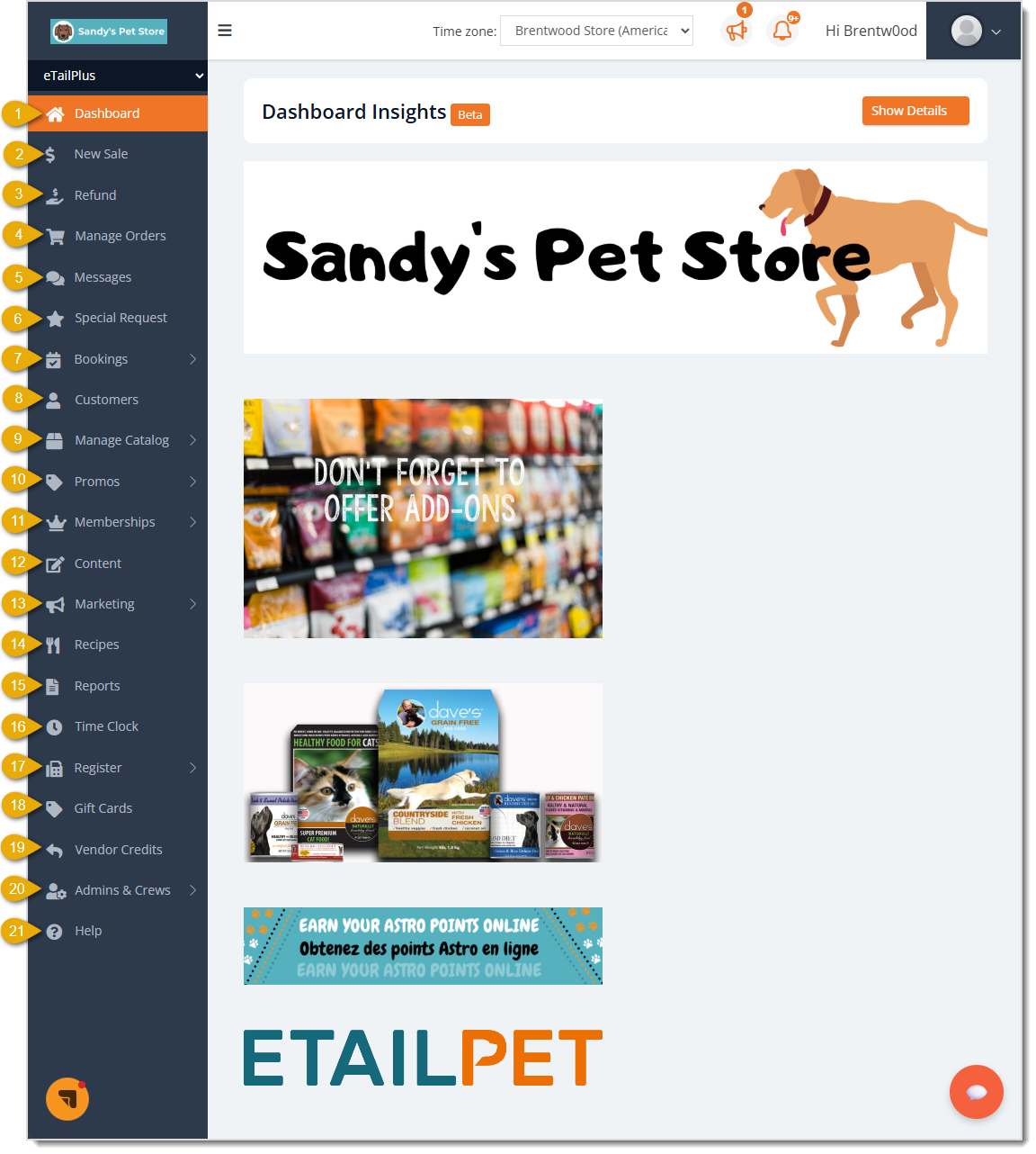 Image showing the Dashboard Insights page of the eTailPet system with major areas of the main menu highlighted.