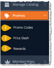 Image showing the Promos area of the main eTailPet system menu with sub-items highlighted.