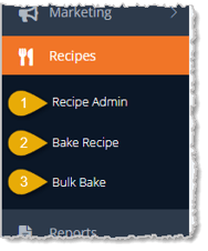 Image showing the Recipes area of the main eTailPet system menu with sub-items highlighted.