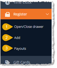 Image showing the Register area of the main eTailPet system menu with sub-items highlighted.