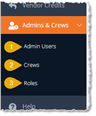 Image showing the Admins & Crews area of the main eTailPet system menu with sub-items highlighted.