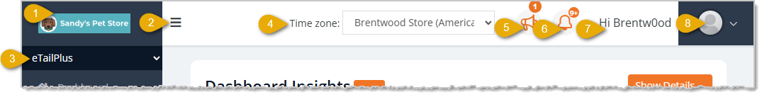 Image showing the top bar area of the eTailPet system user interface with major functions highlighted.