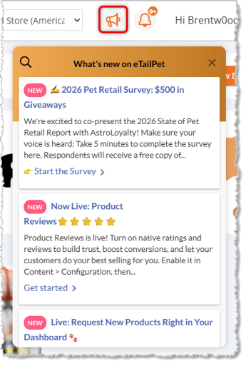 Image showing the What's New panel at the top of the eTailPet system.