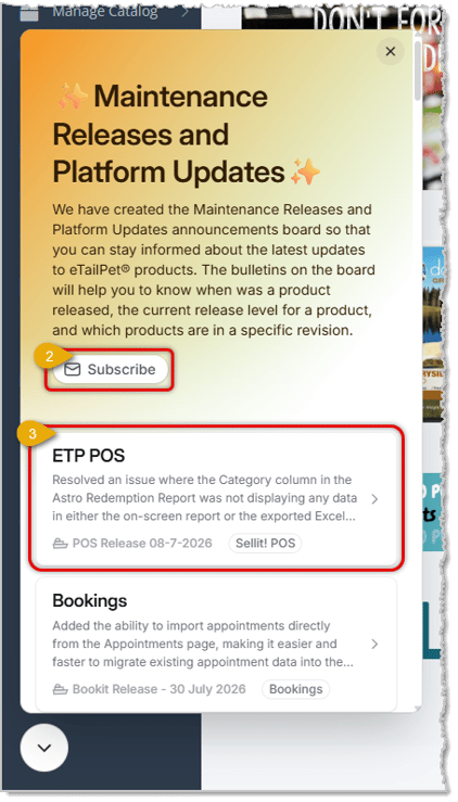 Image showing the Maintenance Releases panel in the lower left of the eTailPet system.