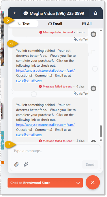 Image showing the conversation view of the Chat panel in the lower right of the eTailPet system with key features highlighted.