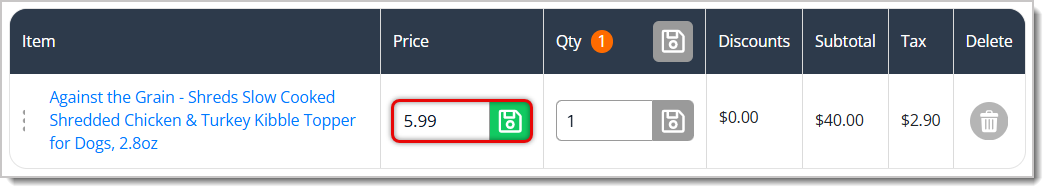 Image highlighting the editable price of an item in the eTailPet Register.