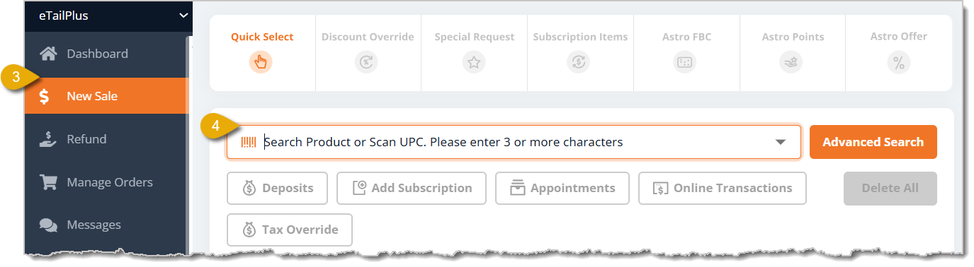 Image highlighting the New Sale functions to click on to check that your scanner works.