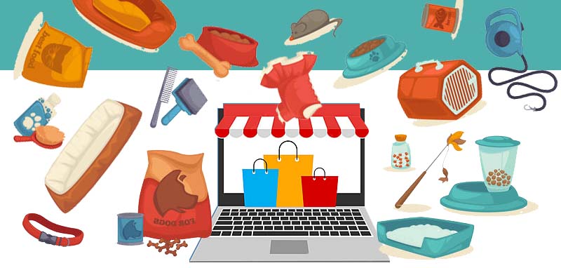 Artistic collage of illustrations of pet store goods around a laptop for eCommerce.