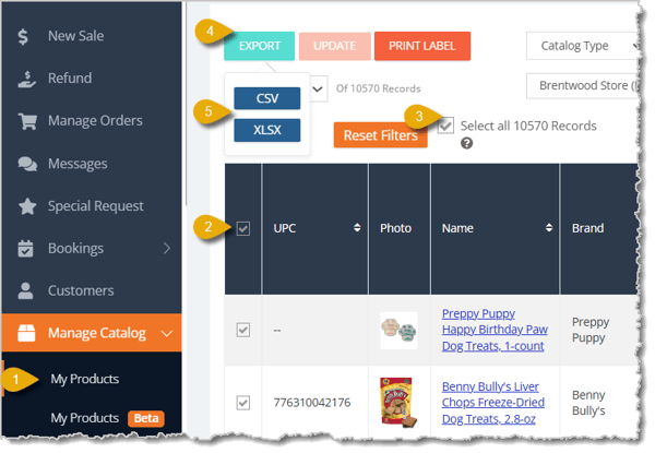 Image with numbers highlighting steps to export a file of products in eTailPet.