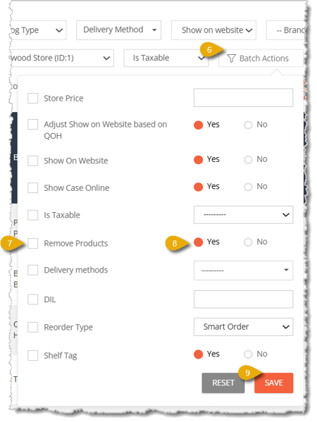 Image with numbers highlighting steps to removing all products from the catalog in eTailPet.