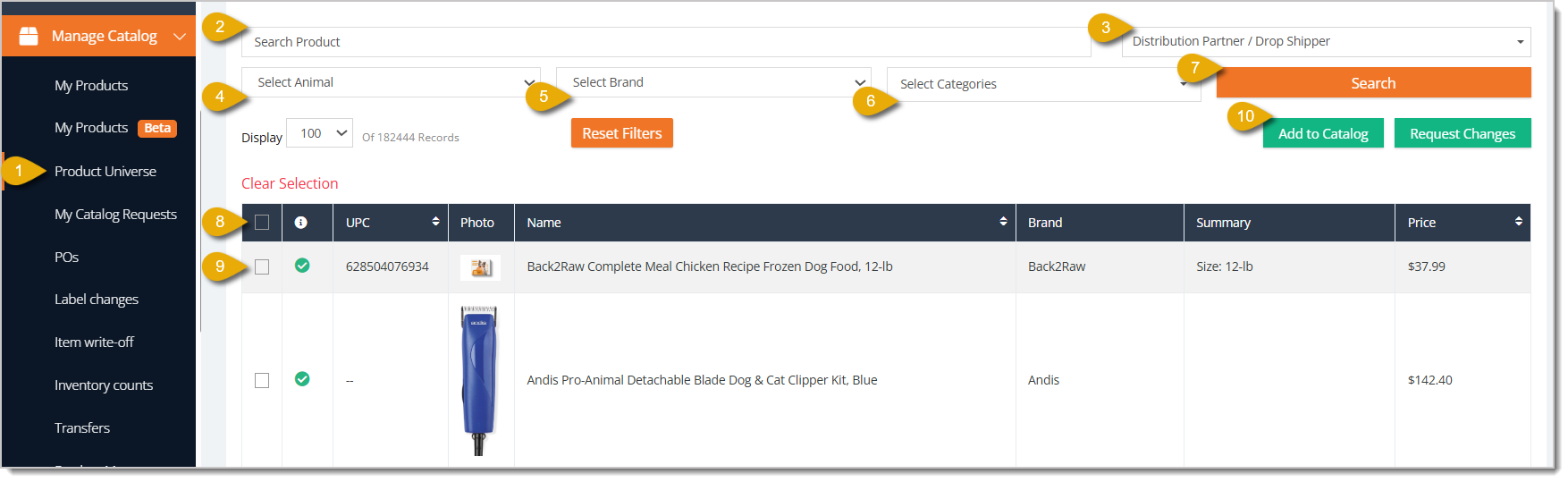 Image with numbers highlighting how to add products to a catalog in eTailPet.
