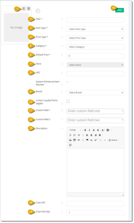 Image of the New Private Product form, with numbers highlighting each function.