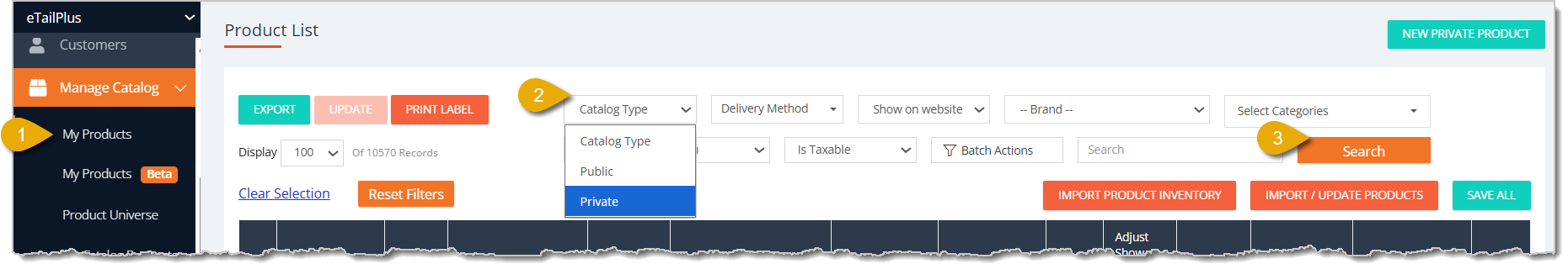 Image with numbers highlighting steps to search and view Private Products.