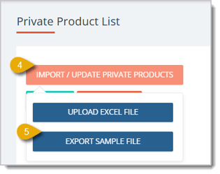 Image with numbers 4 and 5 highlighting how to export a sample file for private products.