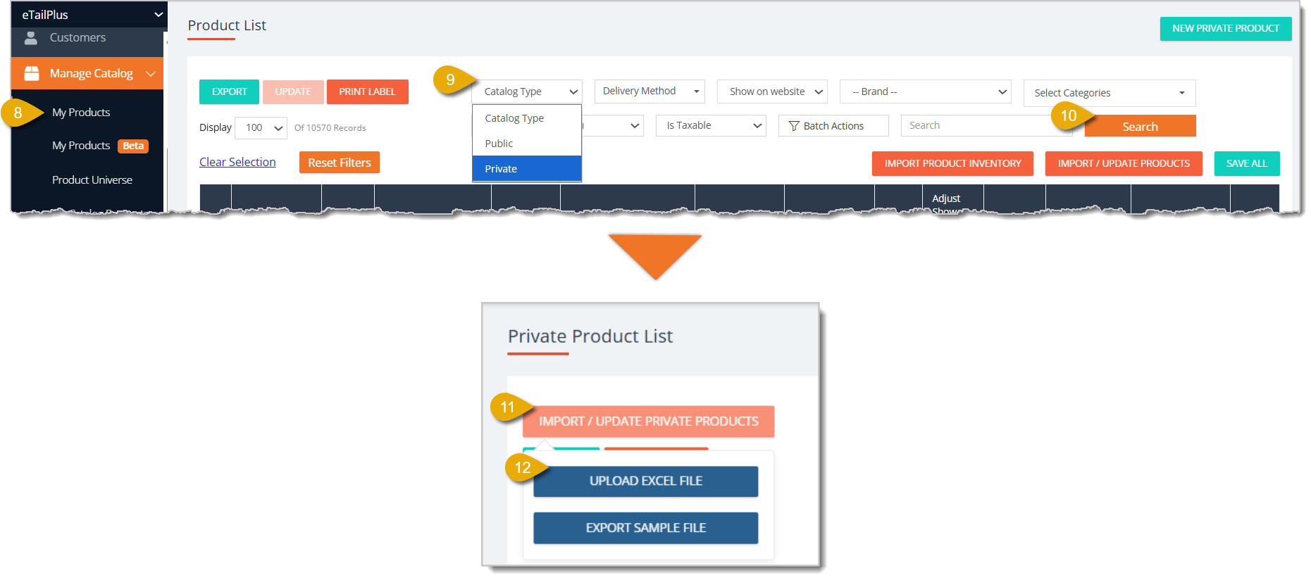 Image highlighting steps to import an Excel file of Private Products.