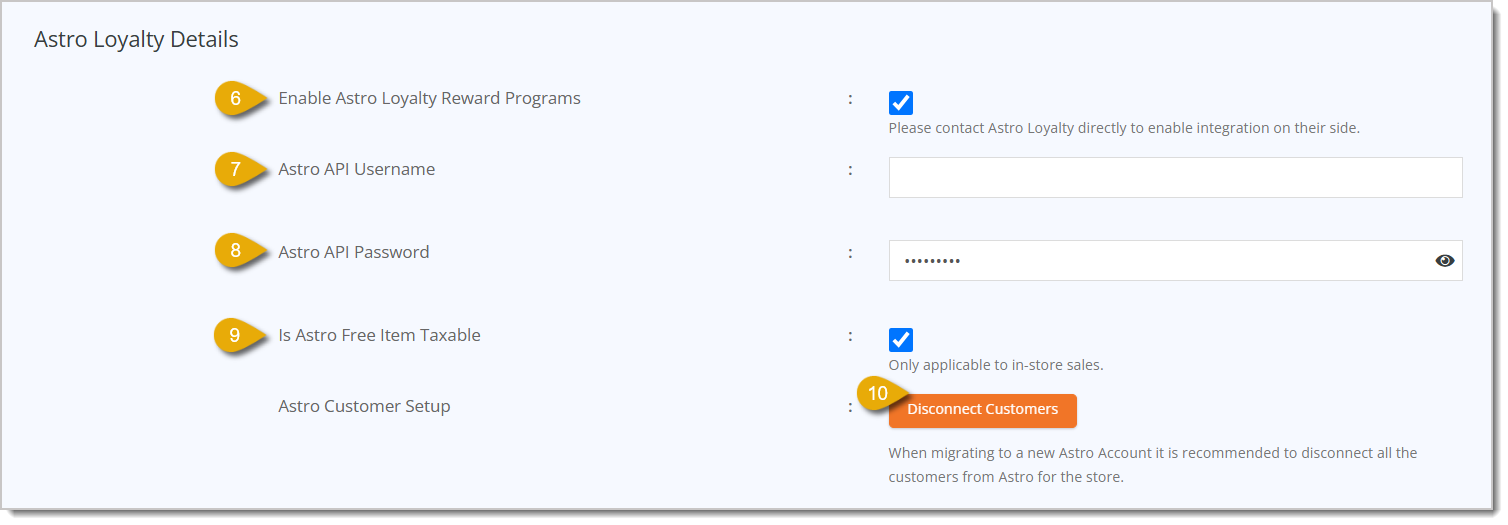 Image highlighting the fields in the Astro Loyalty Details section of the Edit Store area.