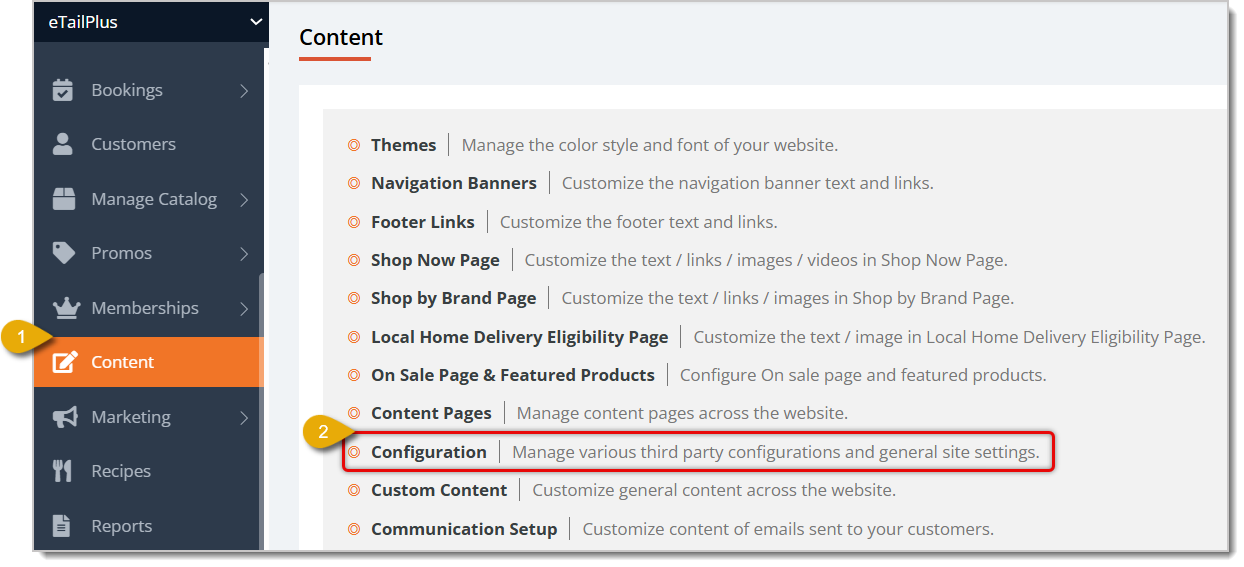 Image highlighting the Content selection in the main menu and the Configuration option in the Content main page.
