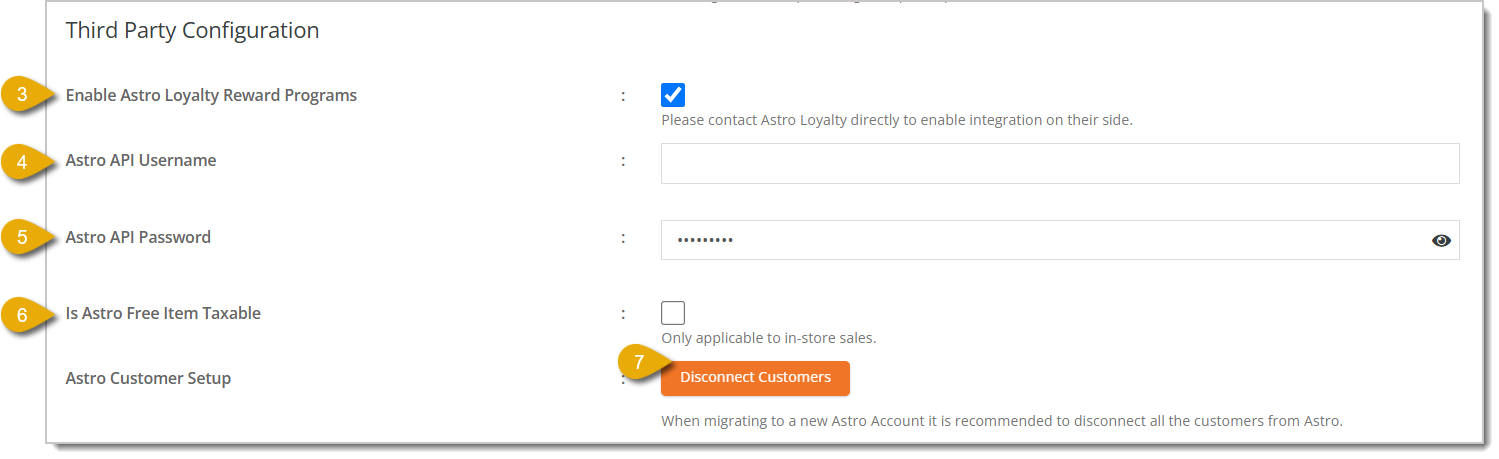 Image showing the Astro Loyalty setup fields in the Third Party Configuration section.