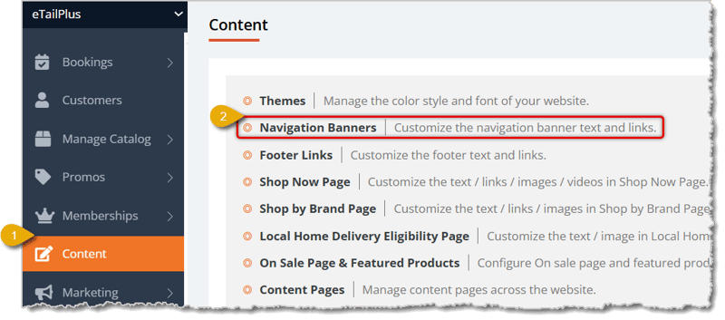 Image highlighting the Content selection from the main menu and Navigation Banners in the Content menu.