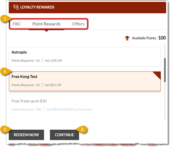Image highlighting functions in the Loyalty Rewards section of the online checkout page.