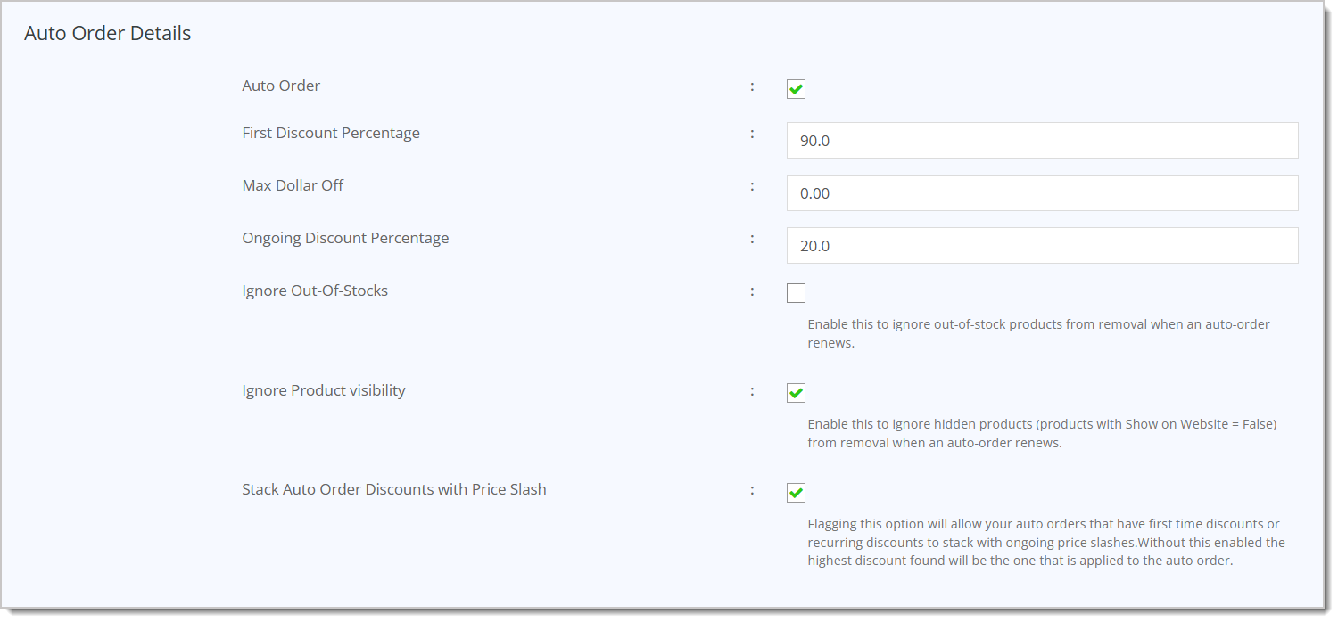 Image of the Auto Order Details section.