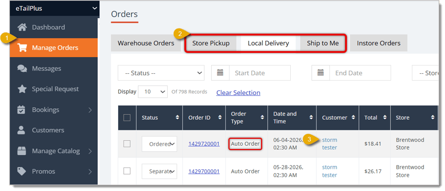 Image showing the steps to access a customer's auto-order.