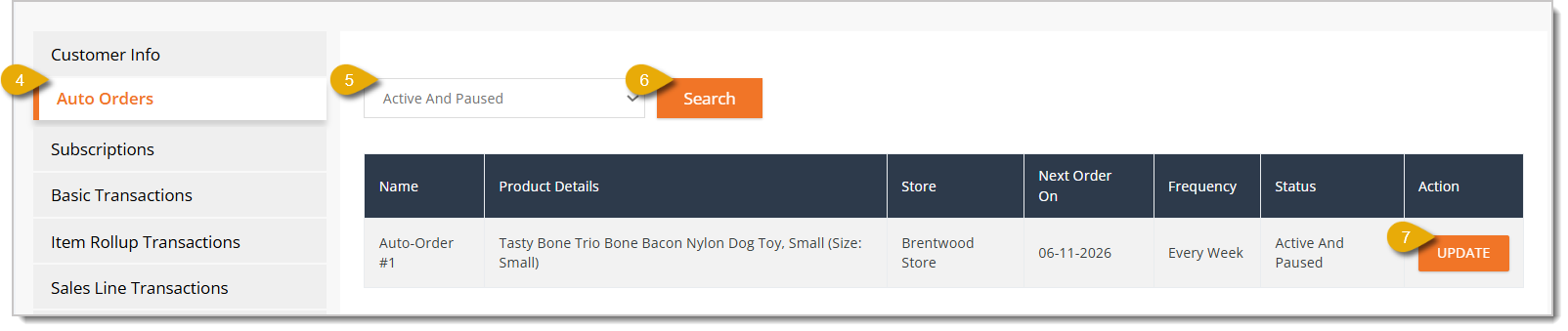 Image showing how to update a customer's auto-order from the customer details page.