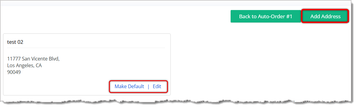 Image highlighting the Add Address button and the Make Default / Edit options.