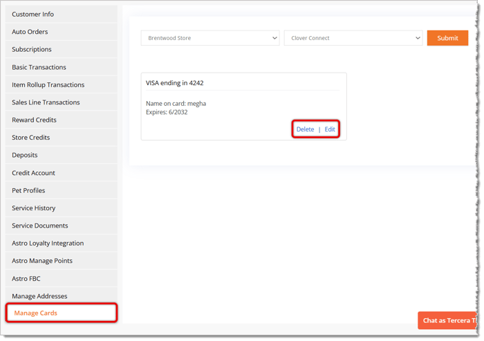 Image highlighting the Manage Cards tab and the Delete / Edit options.
