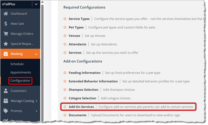 Image highlighting the main selections to open the Add-On Services page.