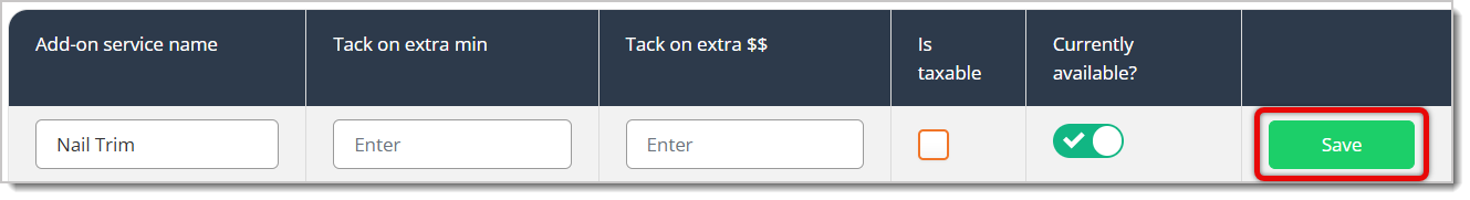 Image highlighting the Save button that appears after you click on the Edit button in the Add-On Services configuration page.