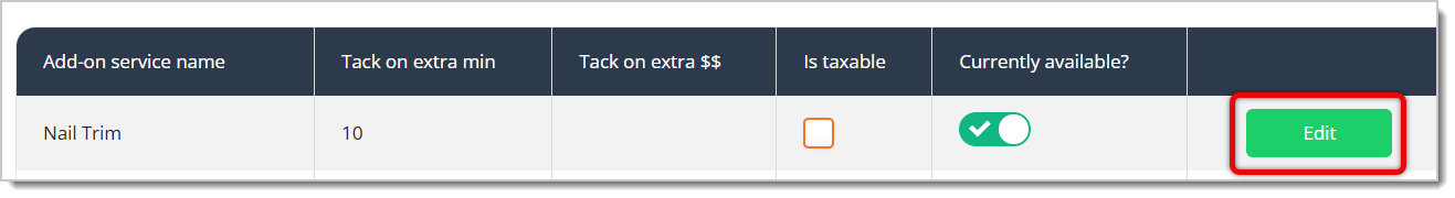 Image highlighting the Edit button in a row of the table in the Add-On Services configuration page.