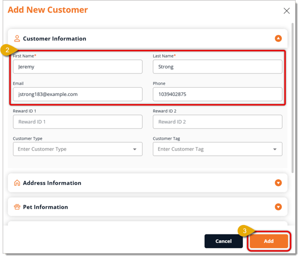 Image highlighting the Contact Information and Add button in the Add New Customer menu.