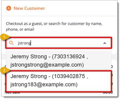 Image of an example of entering a customer's email address and selecting it from existing records.