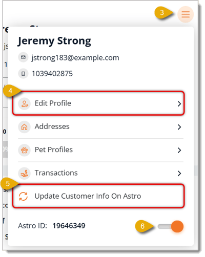 Image highlighting Edit Profile and Astro Loyalty functions for an existing customer record.