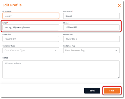 Image highlighting the Email address and Phone number fields in the New Sale Edit Profile menu. The save button is also highlighted.