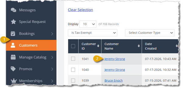 Image highlighting the Customers selection from the main menu and a clickable Customer Name.