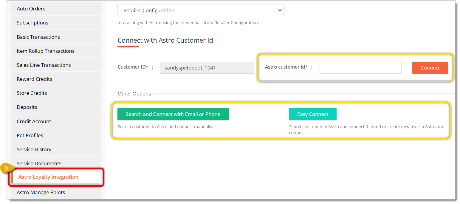 Image highlighting the Astro Loyalty Integration tab, along with 3 ways to connect a customer to Astro Loyalty.