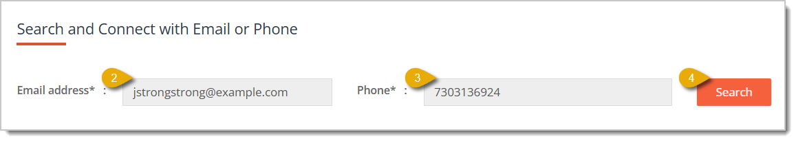 Image highlighting the Email address and Phone number fields, as well as the Search button.