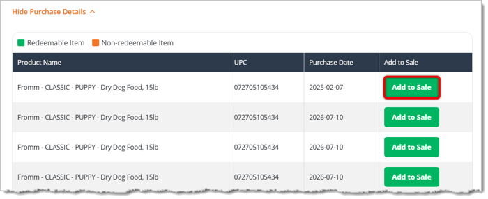 Image highlighting the Add to Sale button for an item to be redeemed as an FBC reward.