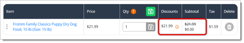 Image highlighting the Discounts and Subtotal columns of the FBC redeemed item.